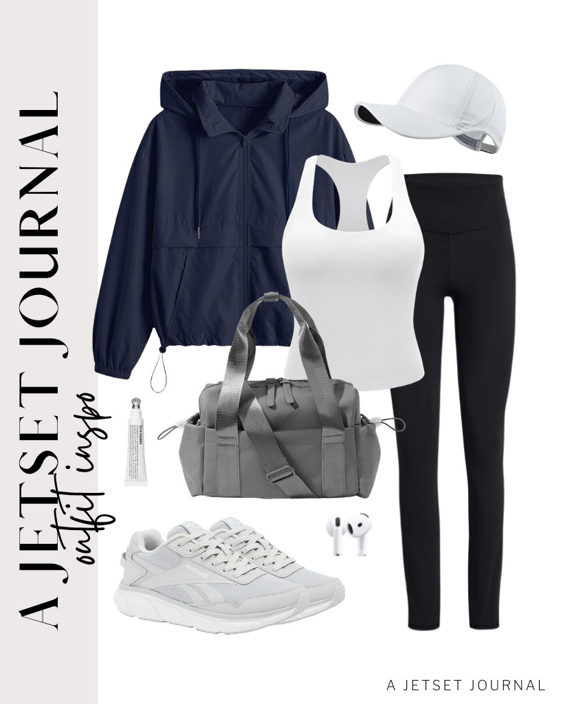 Layer a dark blue jacket over a white top, then add black buttery-soft leggings and these Reebok Swiftstrike running shoes. Style it with a crossbody gym duffle bag and running hat. Remember to add your Apple AirPods to the fit. 

 #LTKSeasonal #LTKSaleAlert #LTKTravel