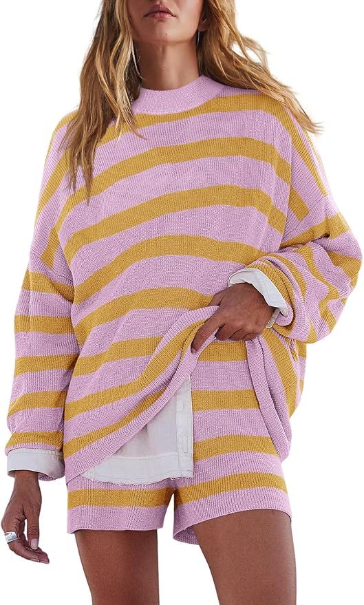 LAMISSCHE Womens Oversized Lounge Sets 2 Piece Outfits Striped Matching Pajama Set Long Sleeve Sw... | Amazon (US)