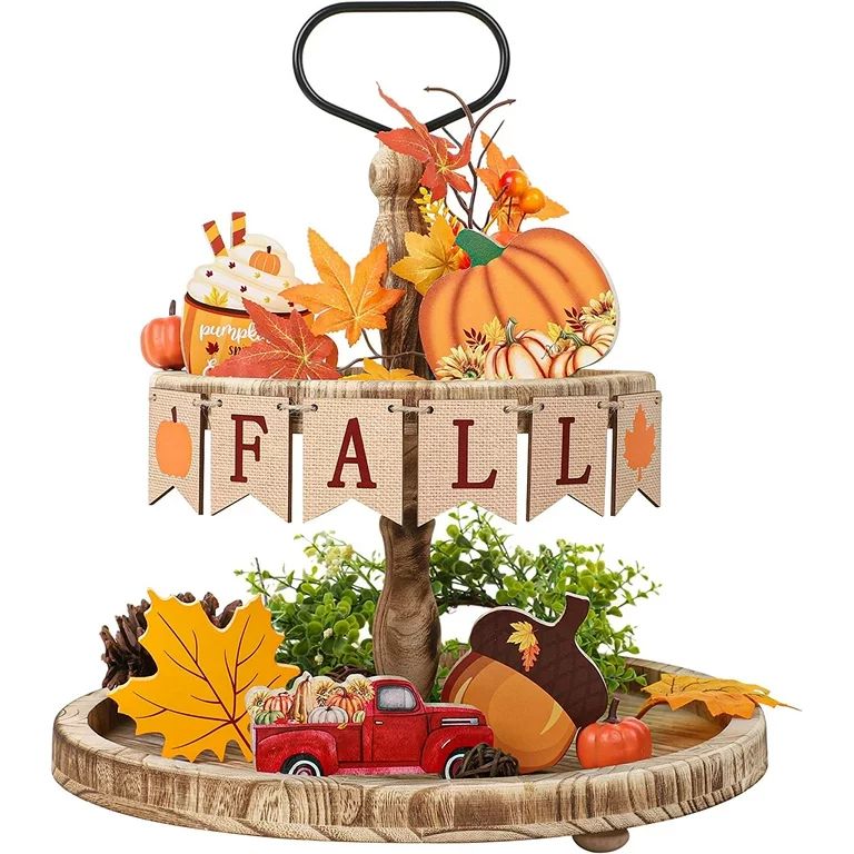 Fall Tiered Tray Decor, Pumpkin Maple Leaves Wooden Tabletop Signs Happy Fall Wood Block Autumn T... | Walmart (US)