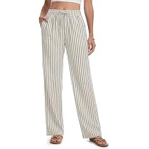 SEVEGO Tall Women 32"/34"/36" Inseam Striped Linen Pants Elastic Waist Wide Leg Pants Casual Summ... | Amazon (US)