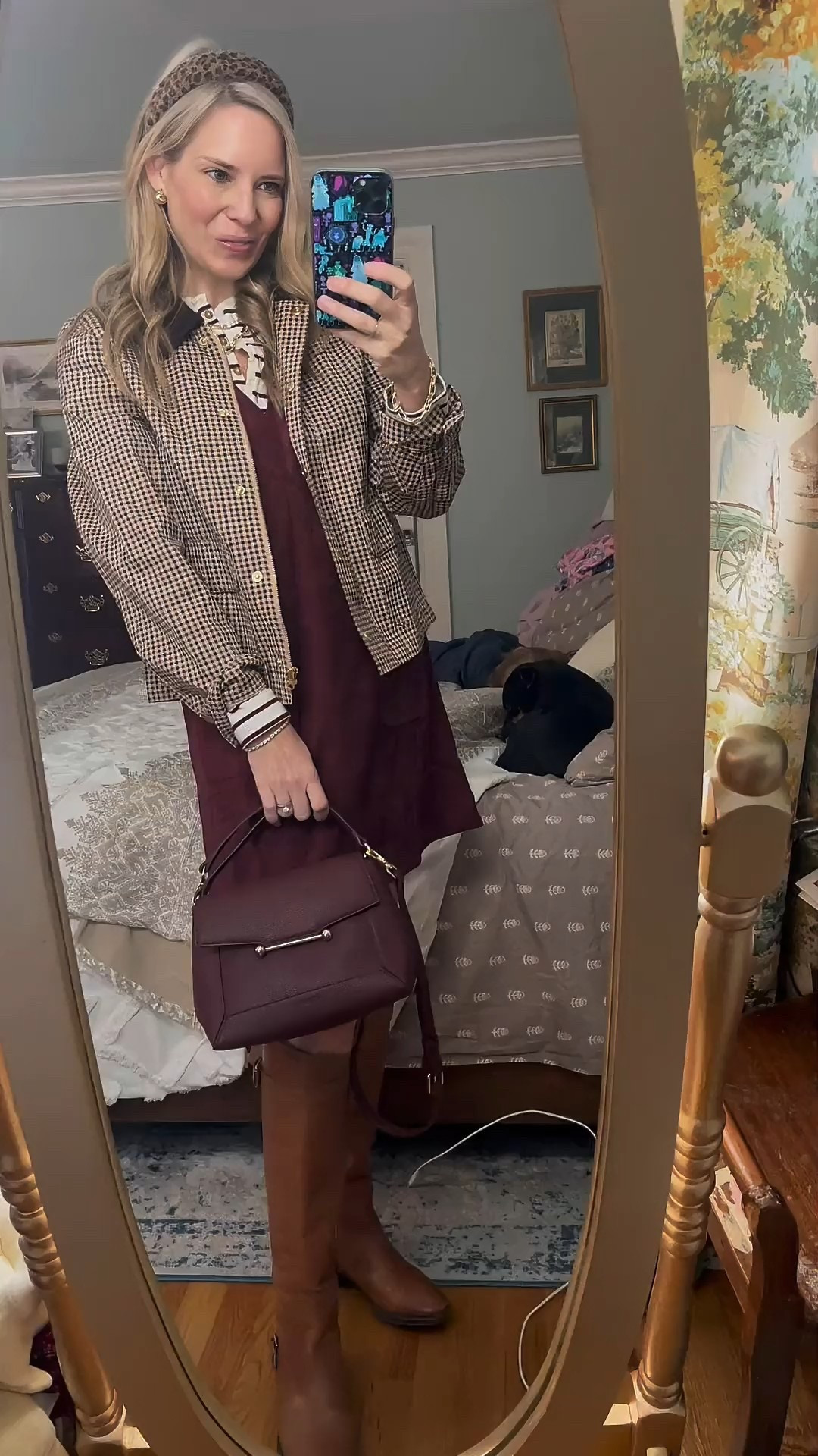 🍂✨ Preppy fall layers made easy! I styled this houndstooth field jacket over a chic burgundy suede shift dress for the perfect balance of cozy and polished. The striped ruffle-collar henley peeks out for that feminine, layered touch that feels very “classic meets modern.”

Tall leather riding boots elongate the legs while keeping the look timeless, and I finished with a structured crossbody bag in a matching wine tone plus a playful leopard padded headband 🐆. A touch of gold jewelry (necklace, hoops, bracelet) adds just the right shine for everyday wear.

🛍 Shop the full look:
	•	Houndstooth field jacket (J.Crew Factory)
	•	Burgundy suede dress (Amazon)
	•	Striped ruffle henley (J.Crew Factory)
	•	Sam Edelman Penny riding boots
	•	Crossbody satchel bag (Amazon)
	•	Leopard padded headband (Amazon)
	•	Abbott Lyon watch
	•	Melinda Maria necklace, hoops, and bracelet stack (use code PREPPYREBEL for 10% off ✨)

🍁 Perfect for work, school events, or weekend outings—this outfit is a fall closet staple you’ll wear on repeat!

⸻

L fall preppy outfit, suede dress with jacket, J.Crew Factory fall style, Sam Edelman riding boots, houndstooth jacket outfit, layered fall look, casual chic fall fashion, affordable Amazon fall finds, burgundy dress outfit


#LTKItBag #LTKFindsUnder50 #LTKFindsUnder100

#LTKFindsUnder50 #LTKItBag #LTKFindsUnder100