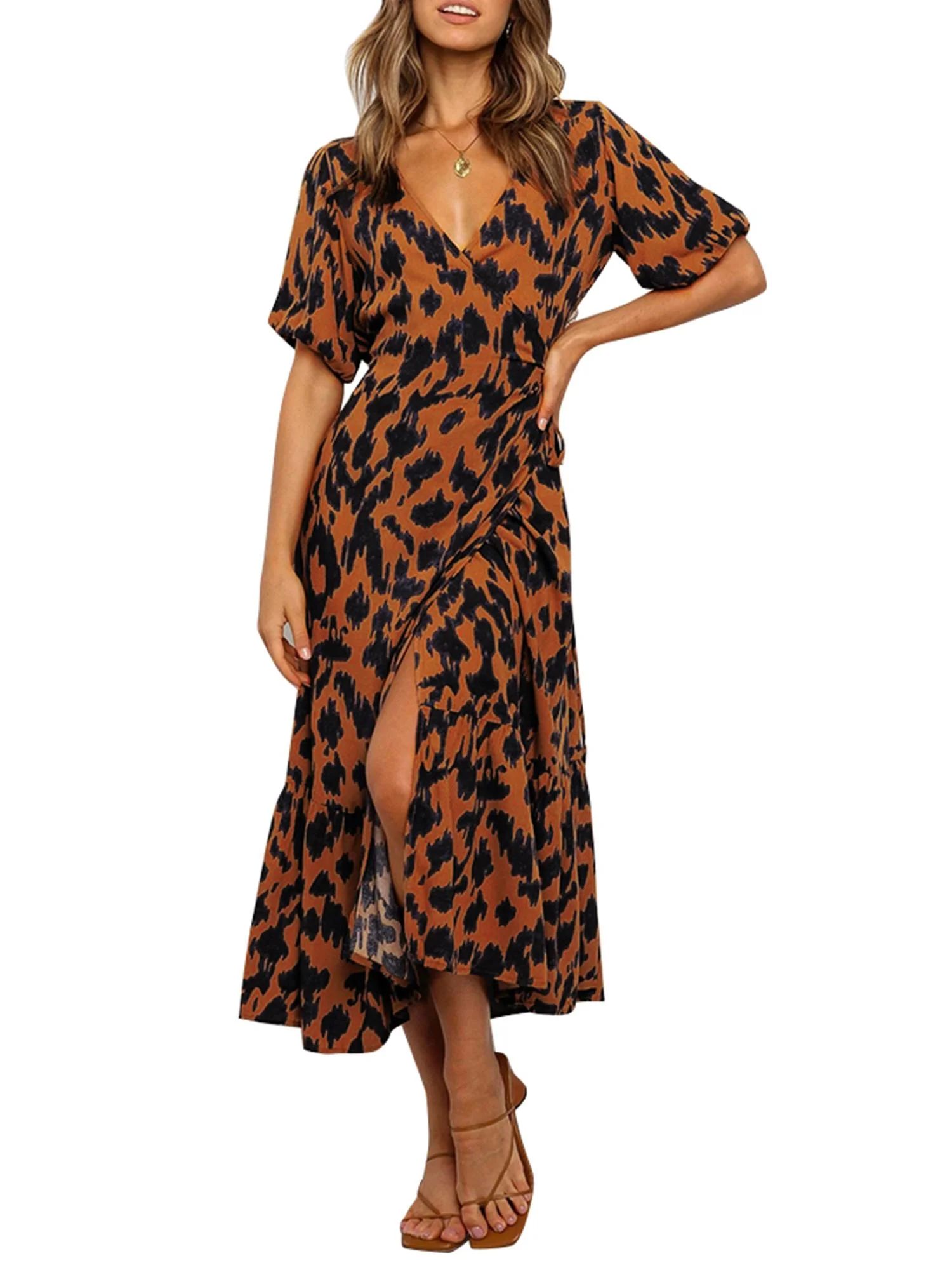DYMADE Women's V-Neck Leopard Print Split Short Sleeve Mid-Calf Dress - Walmart.com | Walmart (US)