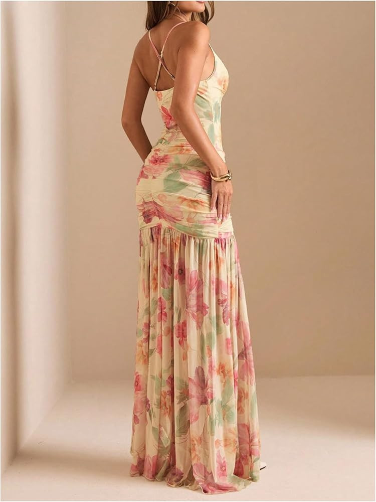 Floerns Women's Floral Cowl Neck Halter Dress Sleeveless Split Ruffle Vacation Maxi Dresses | Amazon (US)