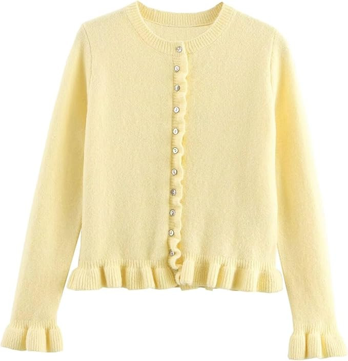 FindThy Women’s Cropped Cardigan Sweater Trendy Crewneck Ruffle Long Sleeve Button Down Knitwea... | Amazon (US)