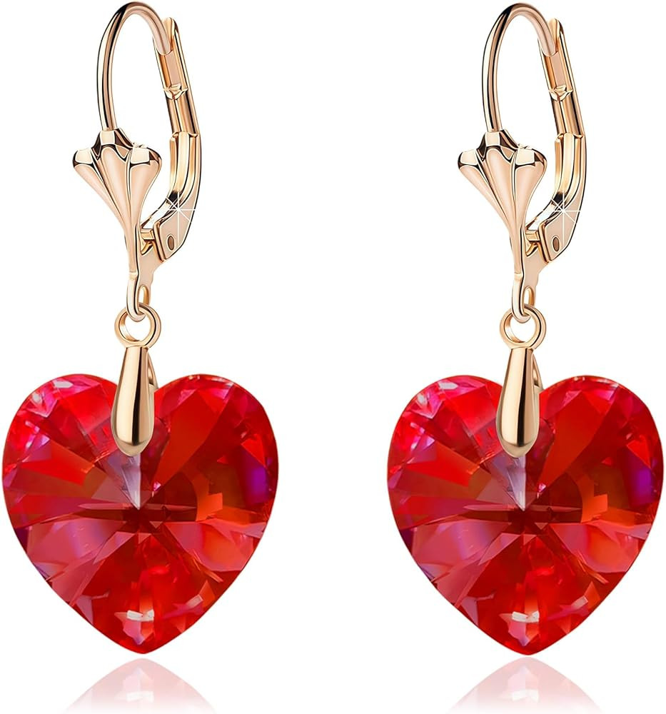 Austrian Crystal Heart Drop Leverback Earrings for Women Fashion Dangle Earring 14K Rose Gold Pla... | Amazon (US)