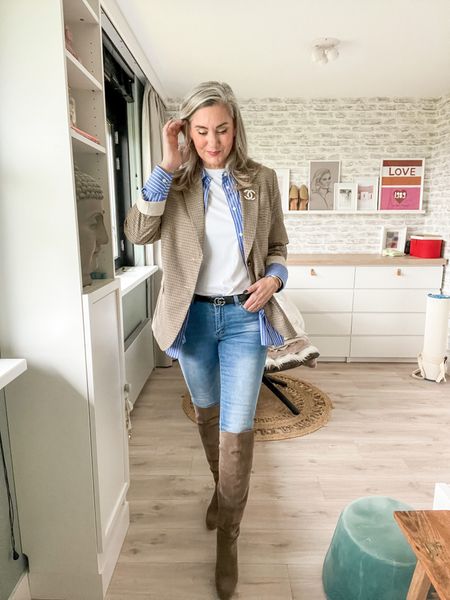 Outfits of the week 

A basic white t-shirt, paired with a blue and white striped button down, a beige plaid blazer, light blue skinny jeans and suede taupe over the knee boots. 

#LTKcurves #LTKstyletip #LTKeurope