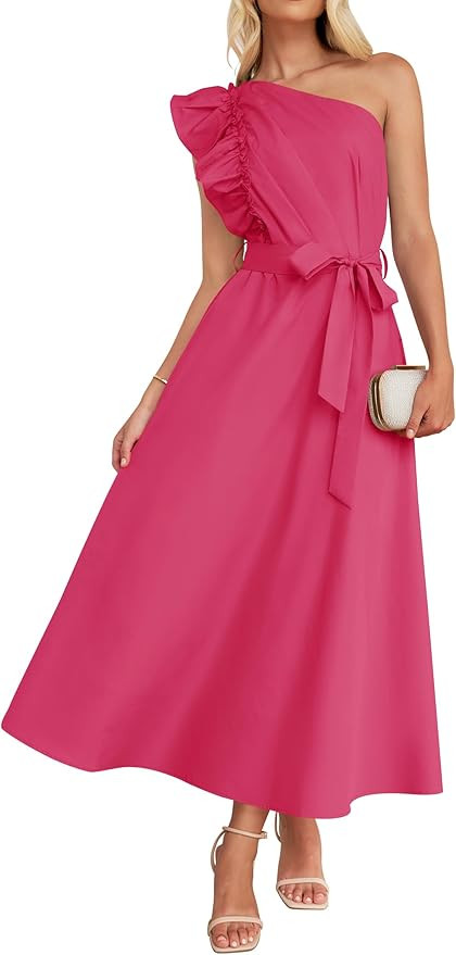 ZESICA Womens 2026 Summer One Shoulder Ruffle Maxi Dress Boho Sleeveless Empire Waist Tie Flowy B... | Amazon (US)