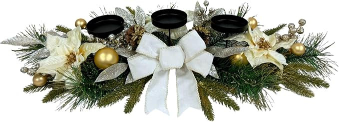 Christmas Candle Holder Christmas Candle Centerpiece 3 Candle Holders with White Poinsettia Flowe... | Amazon (US)