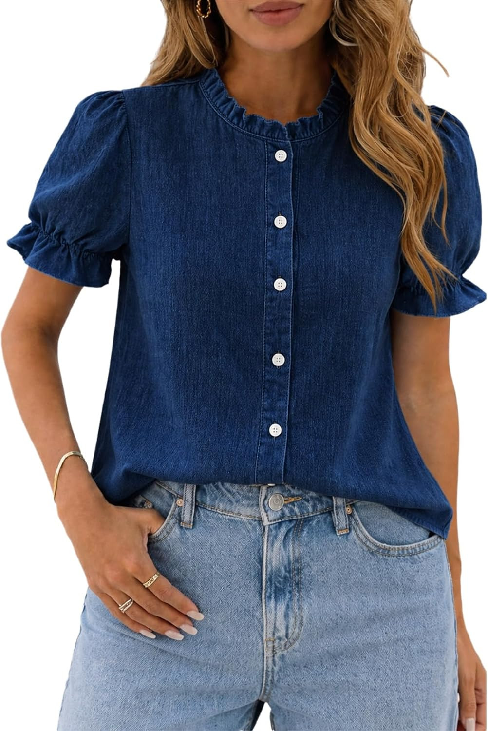 utcoco Ruffle Neck Denim Blouse Women 2026 Puff Short Sleeve Button Down Shirt Casual Summer Tops | Amazon (US)
