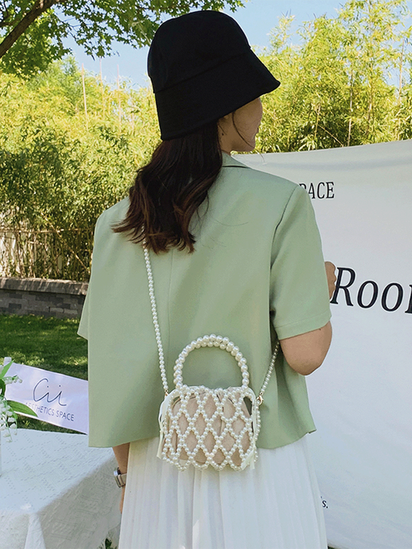 Vintage French Style Woven Beaded Bucket Tote Bag, Hollow Pearl Design Summer Handbag | SHEIN