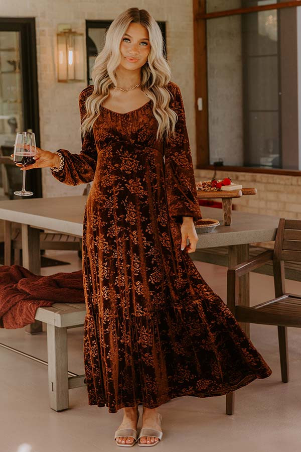 Champagne Toast Floral Velvet Maxi Dress in Chocolate | Impressions Online Boutique