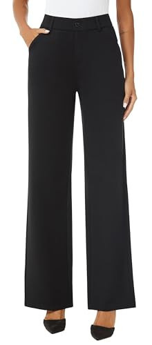 iChosy Womens High Waist Wide Straight Leg Trousers Casual Slacks Dress Pants with Pockets Black 14 Regular | Amazon (US)