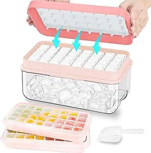 Ice Cube Tray with Lid and Bin, 64 pcs Ice Tray Kit with Ice Scoop, Ice Cube Pop Out Tray, Ice Cu... | Amazon (US)