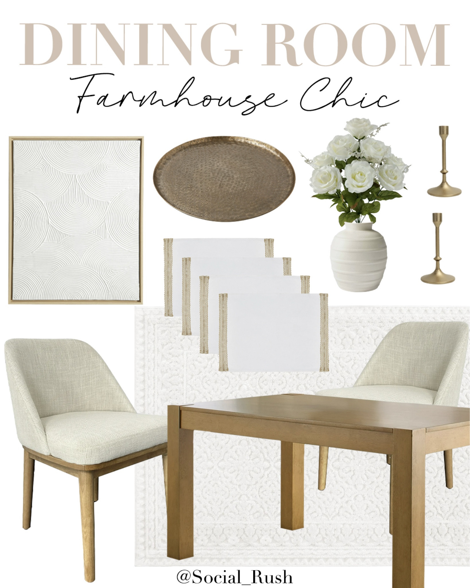 Farmhouse chic dining room, modern dining room ideas, neutral dining room decor, rustic wood dining tables, upholstered dining chairs, minimalistic dining room design, centerpiece ideas for dining table, dining room rugs, gold candlestick holders, dining room wall art, table runners for farmhouse tables, decorative trays for dining rooms, artificial floral arrangements, white and gold dining decor, dining room storage solutions, cozy dining room ideas, textured placemats, versatile dining room furniture, contemporary farmhouse style, dining room lighting trends.

#LTKHome #LTKFamily #LTKStyleTip