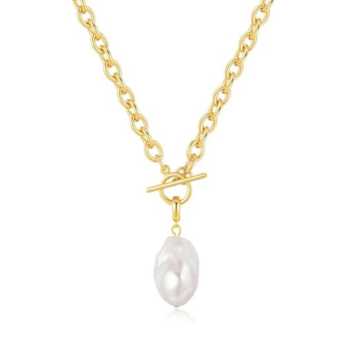Large Freshweater Baroque Pearl Pendant Necklace for Women Chunky Single Irregular Pearl Chain Choker Handmade 14K Gold Plated Thick Link Chain with Toggle Clasp Vintage Summer Jewelry Gifts 18'' | Amazon (US)