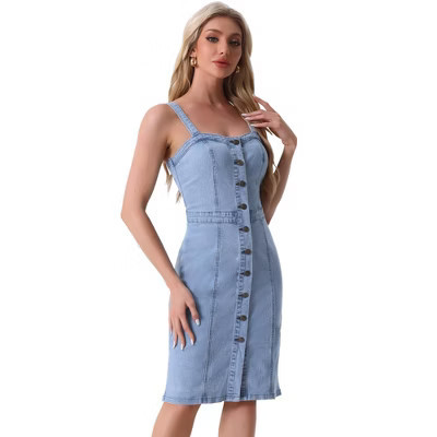 INSPIRE CHIC Women's Button Down Sweetheart Neckline Sleeveless Summer Knee Length Denim Bodycon Sundress X-Small Washed Blue | Target