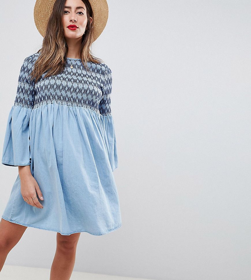 ASOS DESIGN Maternity smock dress with embroidery in midwash blue - Blue | ASOS US