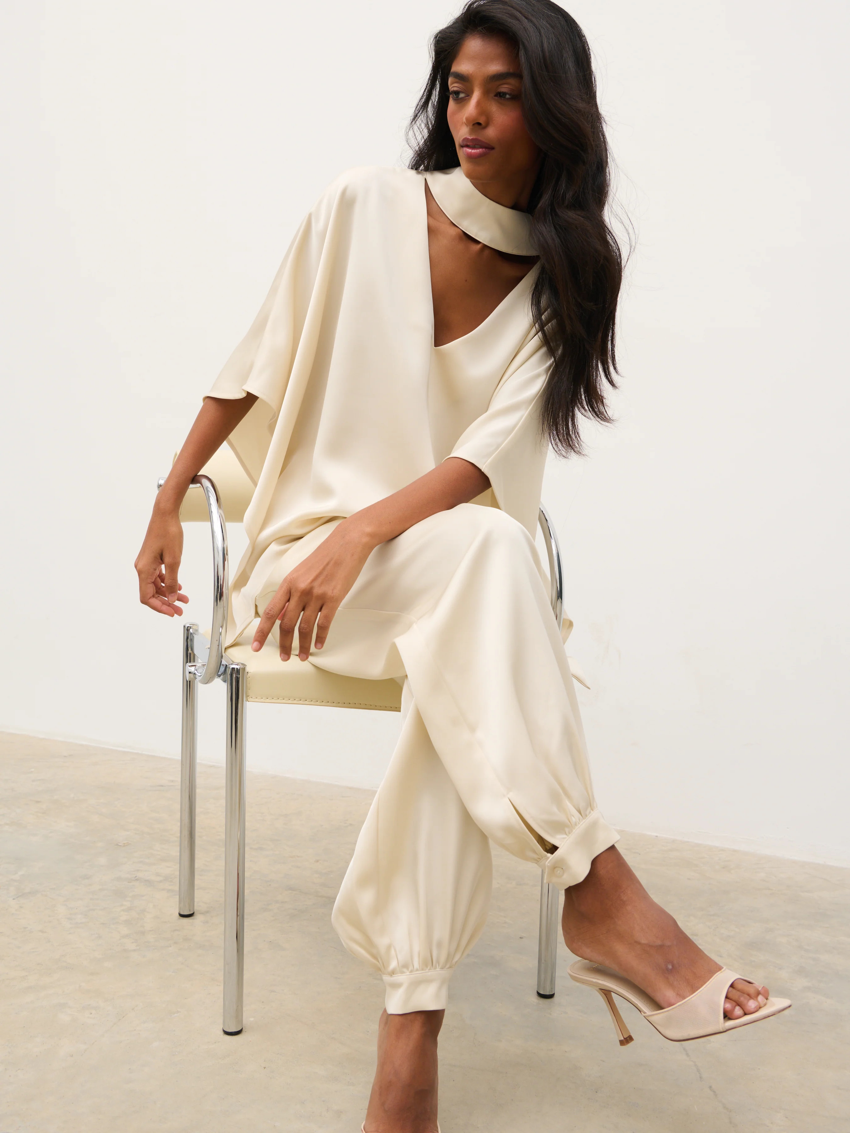 Breya V-Neck Smock Top - Oyster | Pretty Lavish (UK)