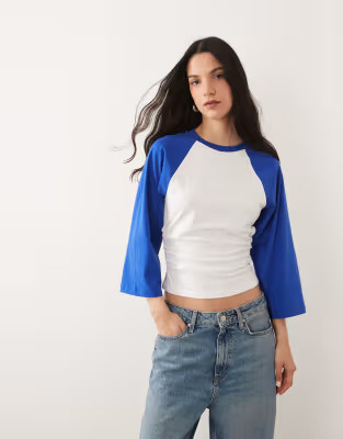 ASOS DESIGN 3/4 raglan sleeve top with cinched waist in cobalt and white | ASOS (Global)
