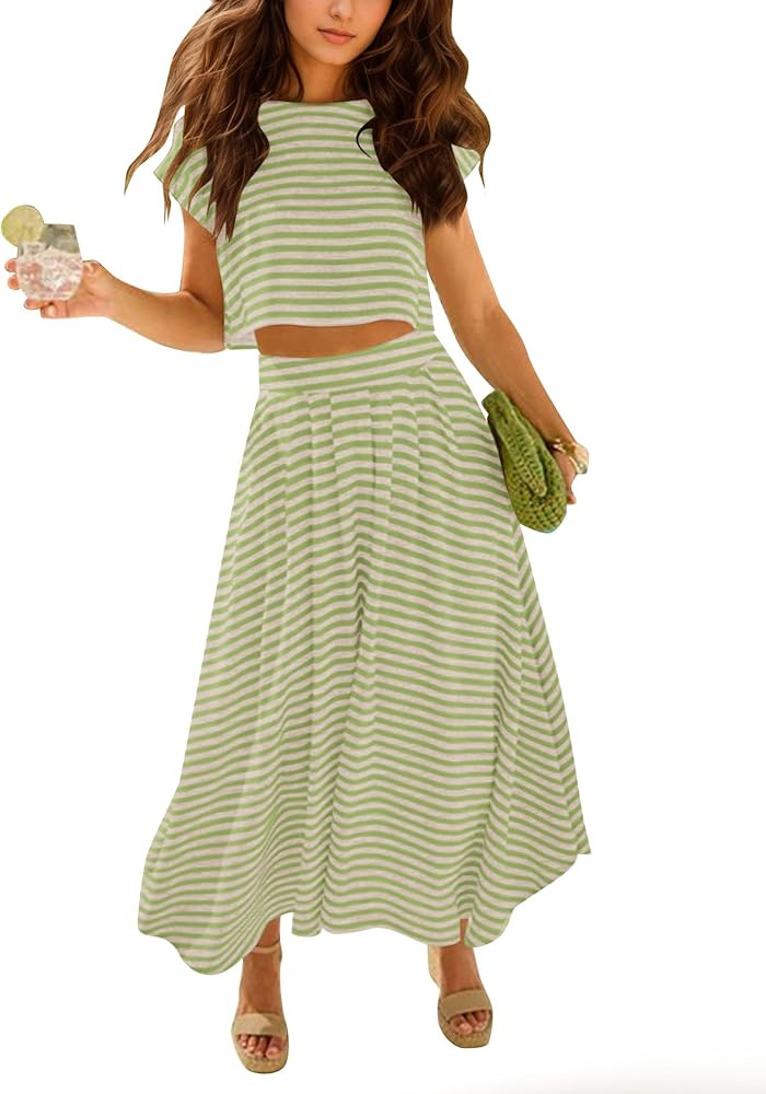 MISSACTIVER Women 2 Piece Lounge Set Striped Cap Sleeve Crop Tee Shirts High Waist Maxi Skirt Sum... | Amazon (US)