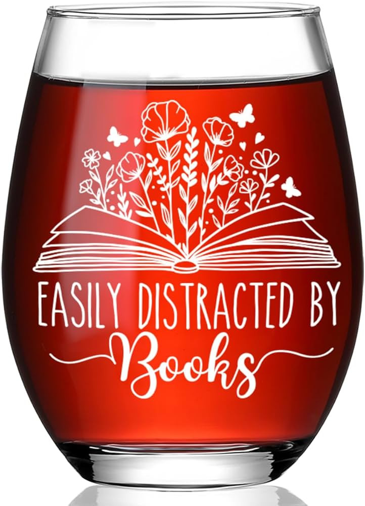 Easily Distracted by Books,Funny Bookish Stemless Wine Glass Gifts for Women Friends Sister Libra... | Amazon (US)