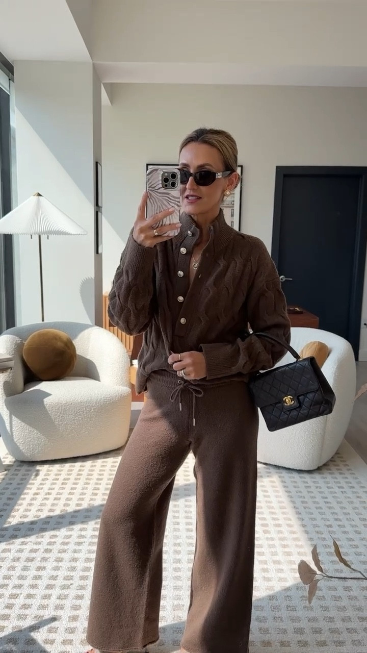 Elevated loungewear for the win 🤎 This look scores bonus points for highlighting the chocolate brown trend that's so big this fall! I love the button detailing on this cozy top. I paired it here with the matching boucle pants, then accessorized with a handbag and some fuzzy slides. I'm wearing a size small in the top and bottoms. 

#LTKShoeCrush #LTKSeasonal #LTKStyleTip
