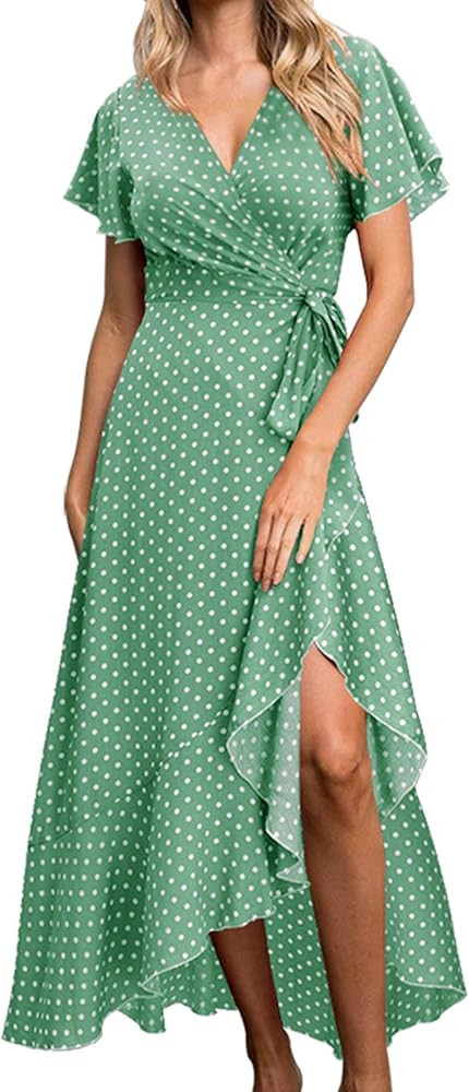 Women's Cotton Blend Tie Wrap Maxi Dress Long Sundress Cover Up S-2X | Amazon (US)