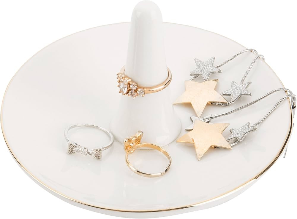 MyGift White Ceramic Ring Dish Holder, Jewelry Engagement Ring Holder, Trinket Tray with Gold Tri... | Amazon (US)