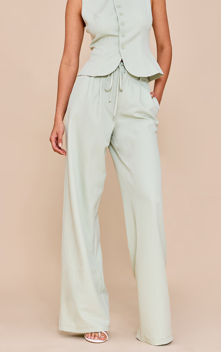 Pale Lime Tailored Tie Detail Woven Wide Leg Pants | PrettyLittleThing US