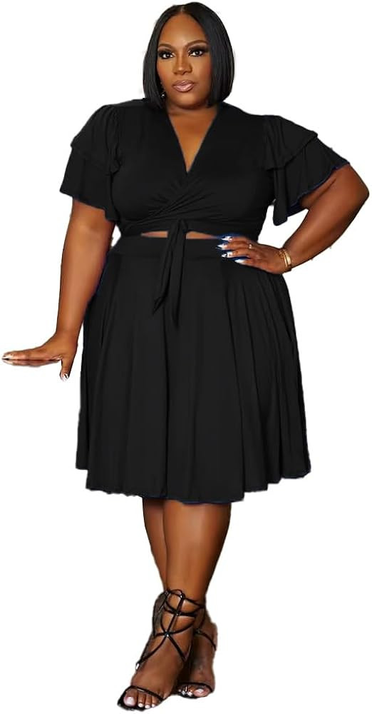 Plus Size Two-Piece Womans' Skirt Set - Casual V-Neck Top and Above Knee Woman Skirt | Amazon (US)