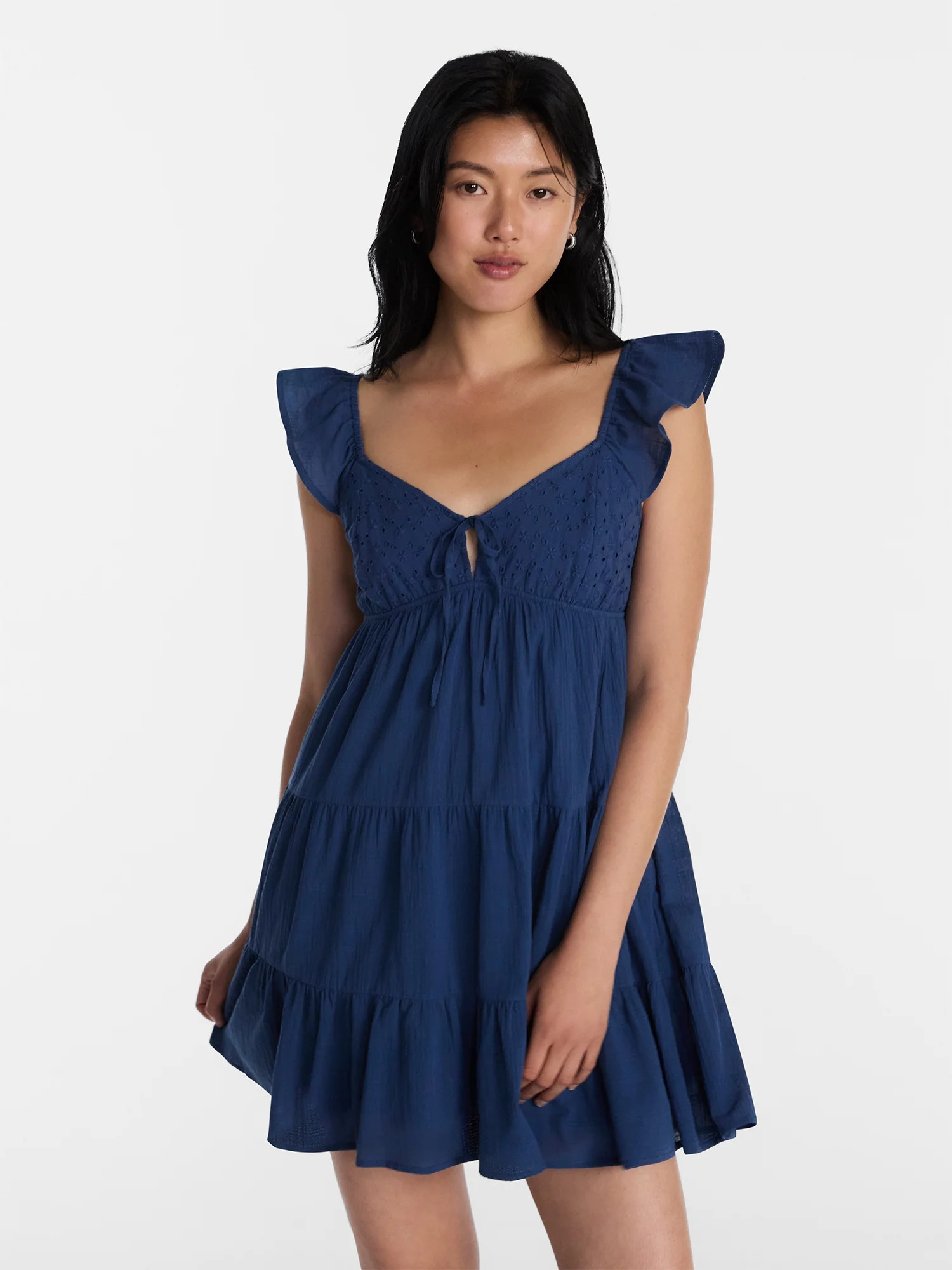 No Boundaries Tiered Cotton Dress with Flutter Sleeves, Women’s XXS-XXL - Walmart.com | Walmart (US)