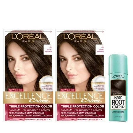 L'Oreal Paris Excellence Crème Permanent Hair Color, 4 Dark Brown (2 Pack), & L'Oreal Paris Magic Root Cover Up Concealer Spray, Dark Brown | Walmart (US)