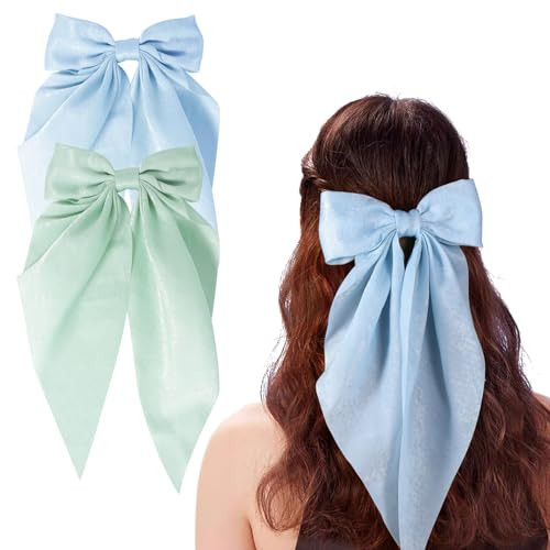 Long Tail Bow Hair Ties, Classy Women Girl Hair Styling Accessories, 90s Vintage Silk French Style Headdress Decor, Gift Hair Bows Spring Clip for Mom Teen Girl Stuff, Fluorescent Green and Blue | Amazon (US)