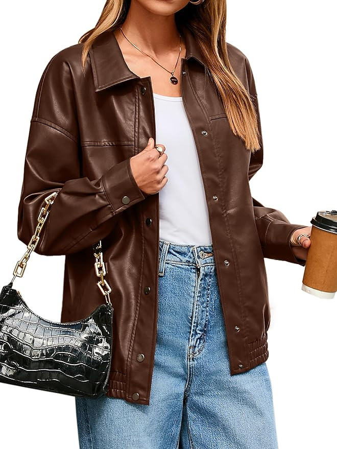 Glamaker Womens Faux Leather Jacket Trendy Outfits Loose Fit Button Down Motorcycle Bomber Jacket... | Amazon (US)