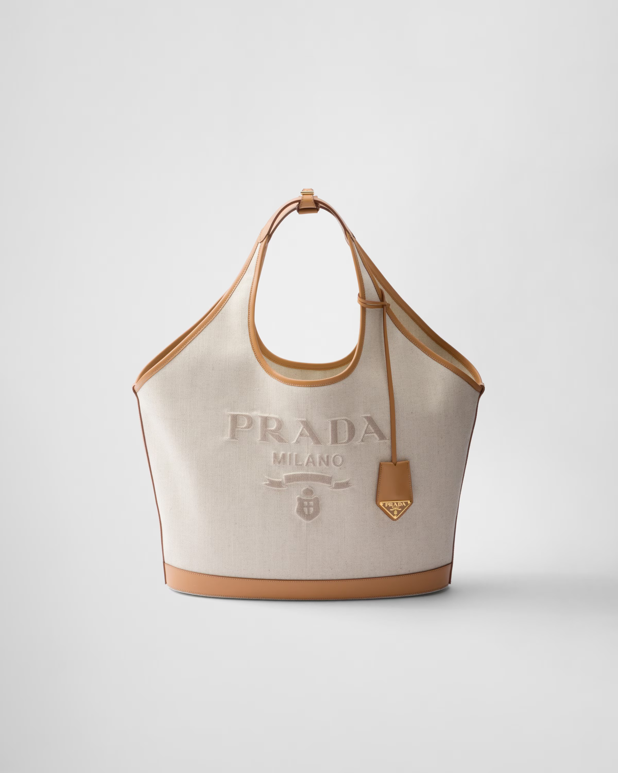 Large linen blend and leather tote bag | Prada US