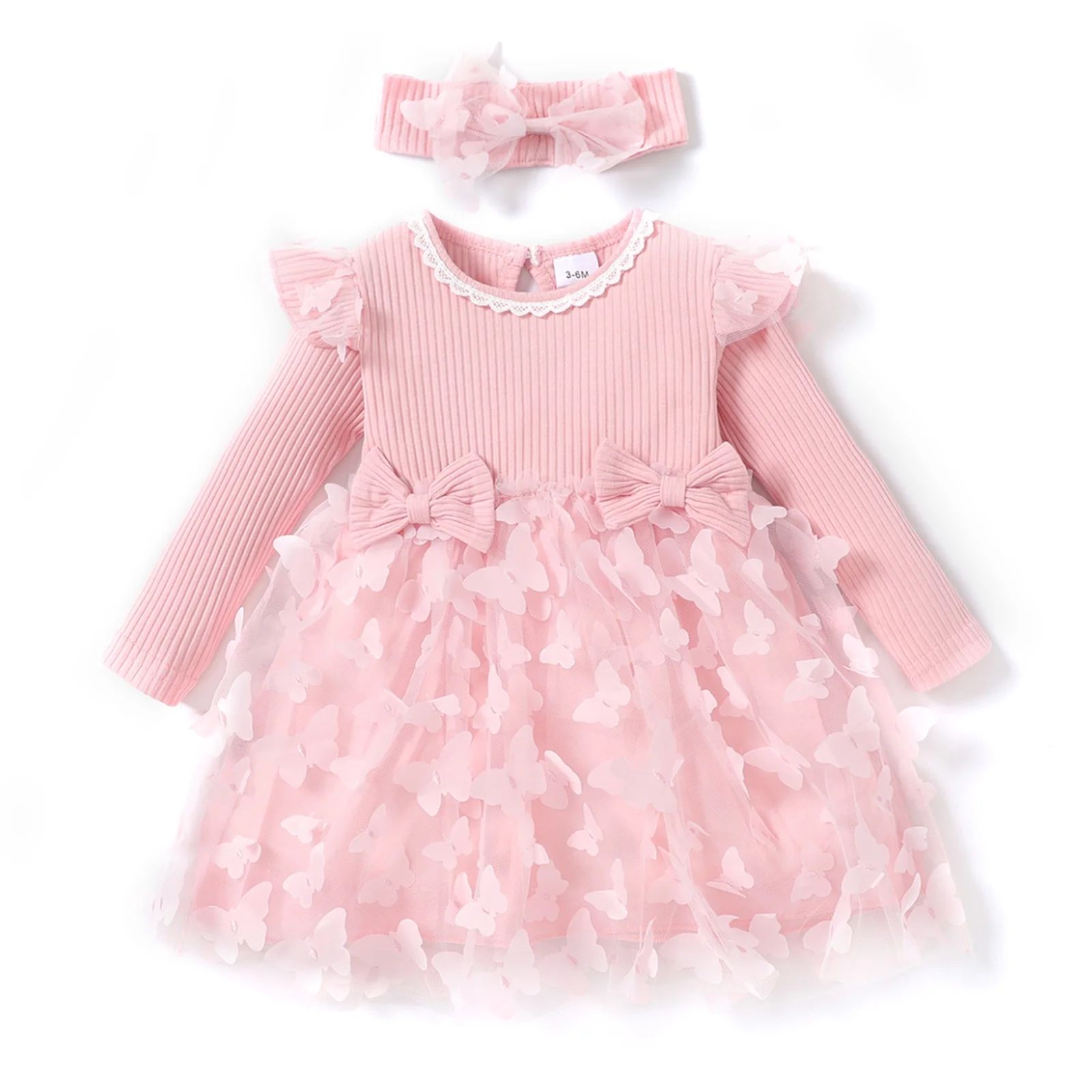 PatPat 2pcs Baby Girl Pink Mesh Dress Set,Ribbed Long Sleeve Splicing 3D Butterfly Appliques Prin... | Walmart (US)