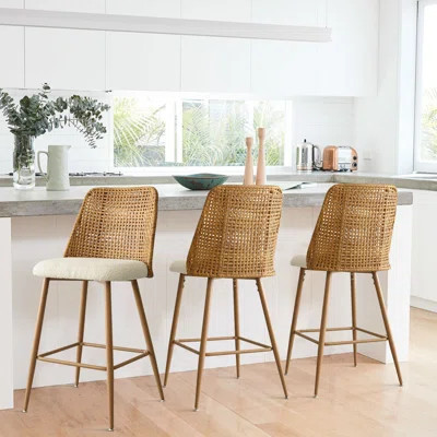 Briahnna 27" Upholstered Boucle Rattan Full Back Counter Stool Set of 3 (Set of 3) | Wayfair North America