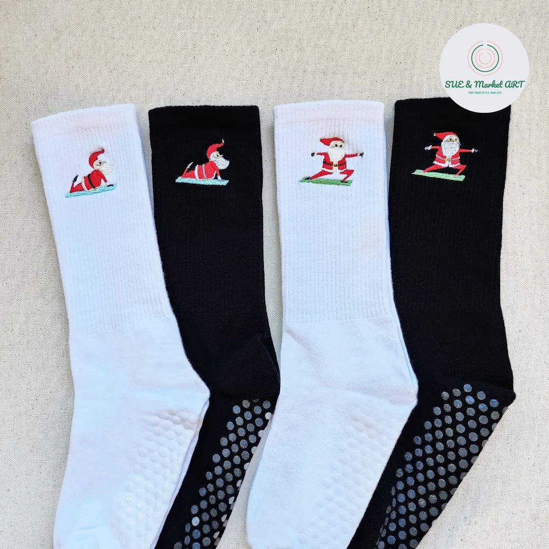 Yoga Santa Embroidered Non-slip Grip Socks/holiday - Etsy | Etsy (US)