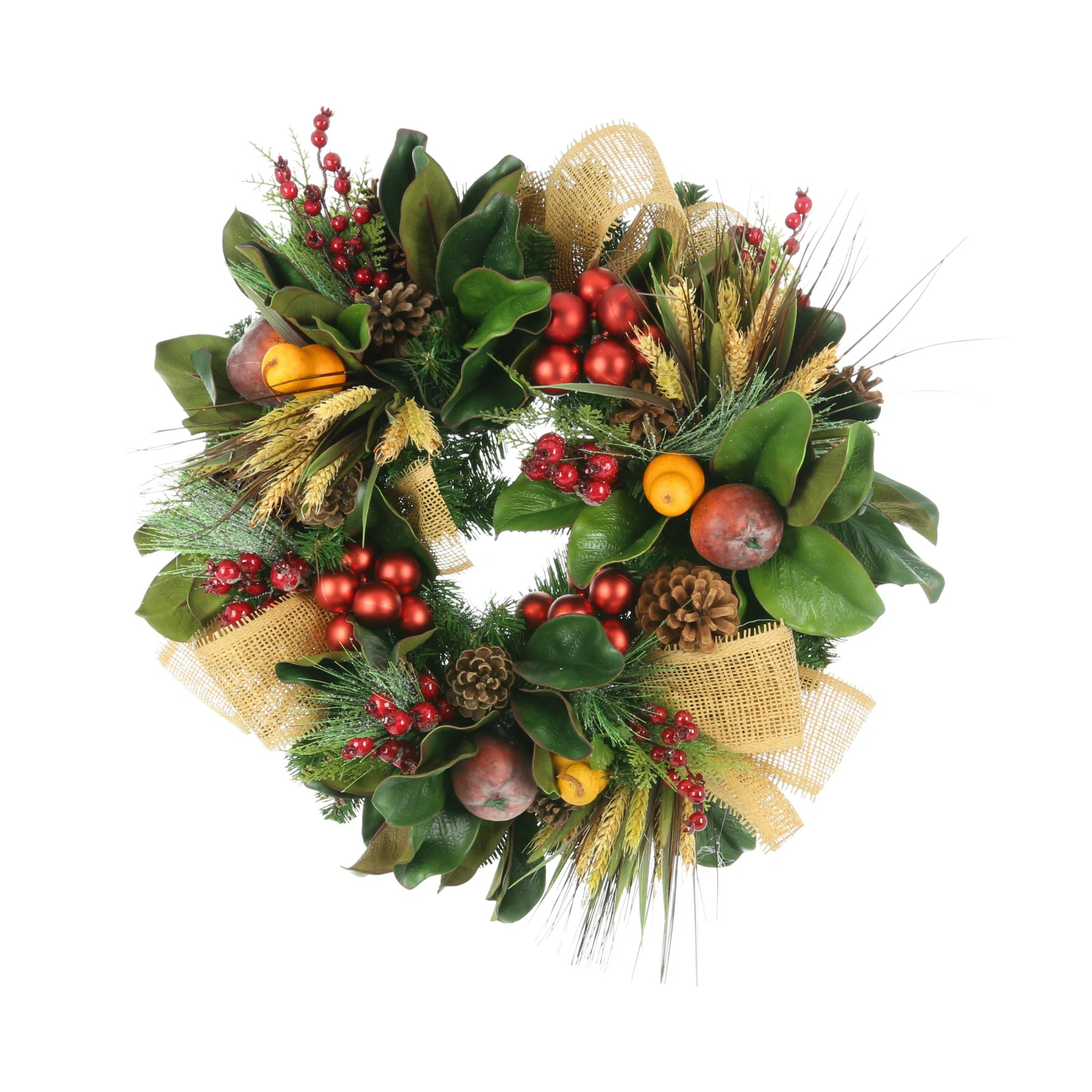 24" Magnolia Leaf And Fruit  Wreath With Ribbon | Perigold