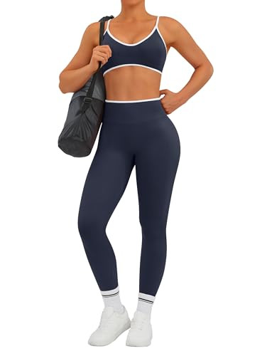 TDIFFUN Women Workout Sets 2 Piece Seamless Scrunch Butt Lifting Leggings Padded Sports Bra Matching Set Gym Yoga Outfits (Prussian Blue, Medium) | Amazon (US)