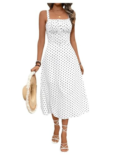 Floerns Women's Polka Dots Square Neck Tank Dress Ruched Bust Knot A Line Midi Dresses White and Black Medium | Amazon (US)
