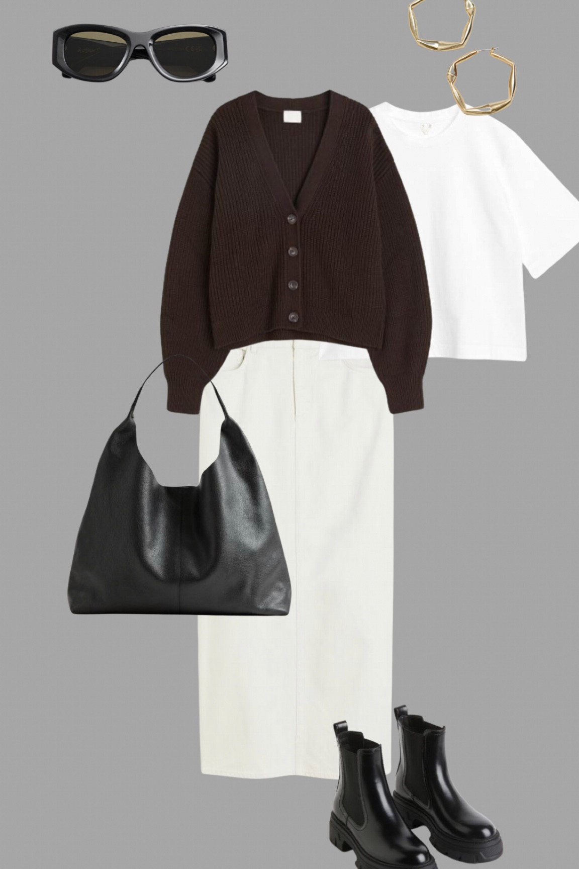 Cardi styling. A chocolate brown cardi with a white denim maxi skirt, white tee and black accessories. 