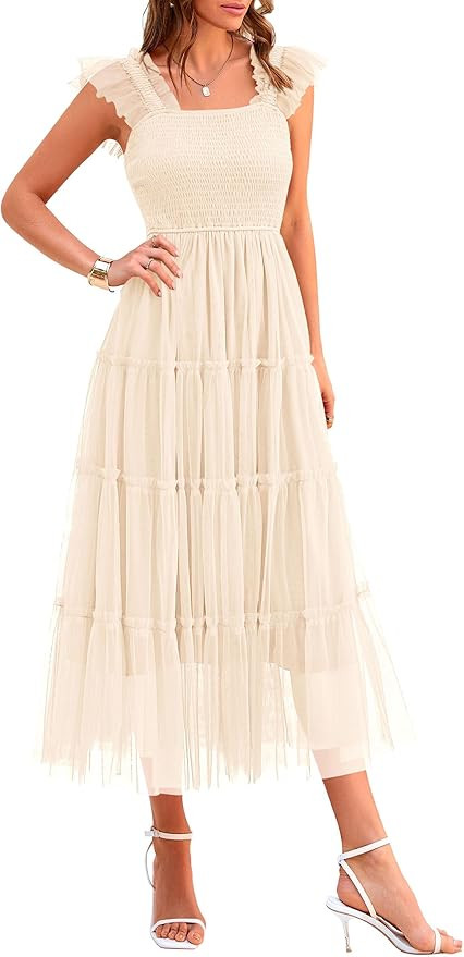 PRETTYGARDEN Women's Summer Tulle Midi Dress Sleeveless Smocked Ruffle Flowy Mesh Dresses Party W... | Amazon (US)