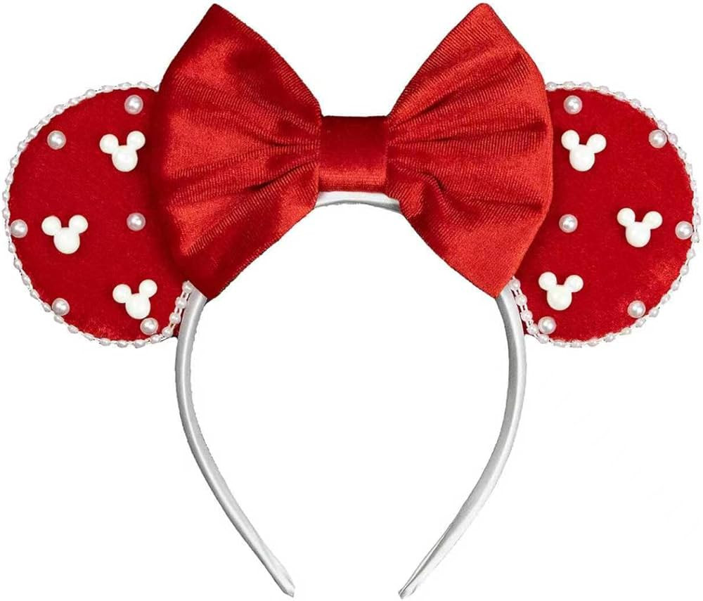 JIAHANG Christmas Velvet Mouse Ears Headband with Pearls, Red Hair Bow Hairband with Beads, Party... | Amazon (US)