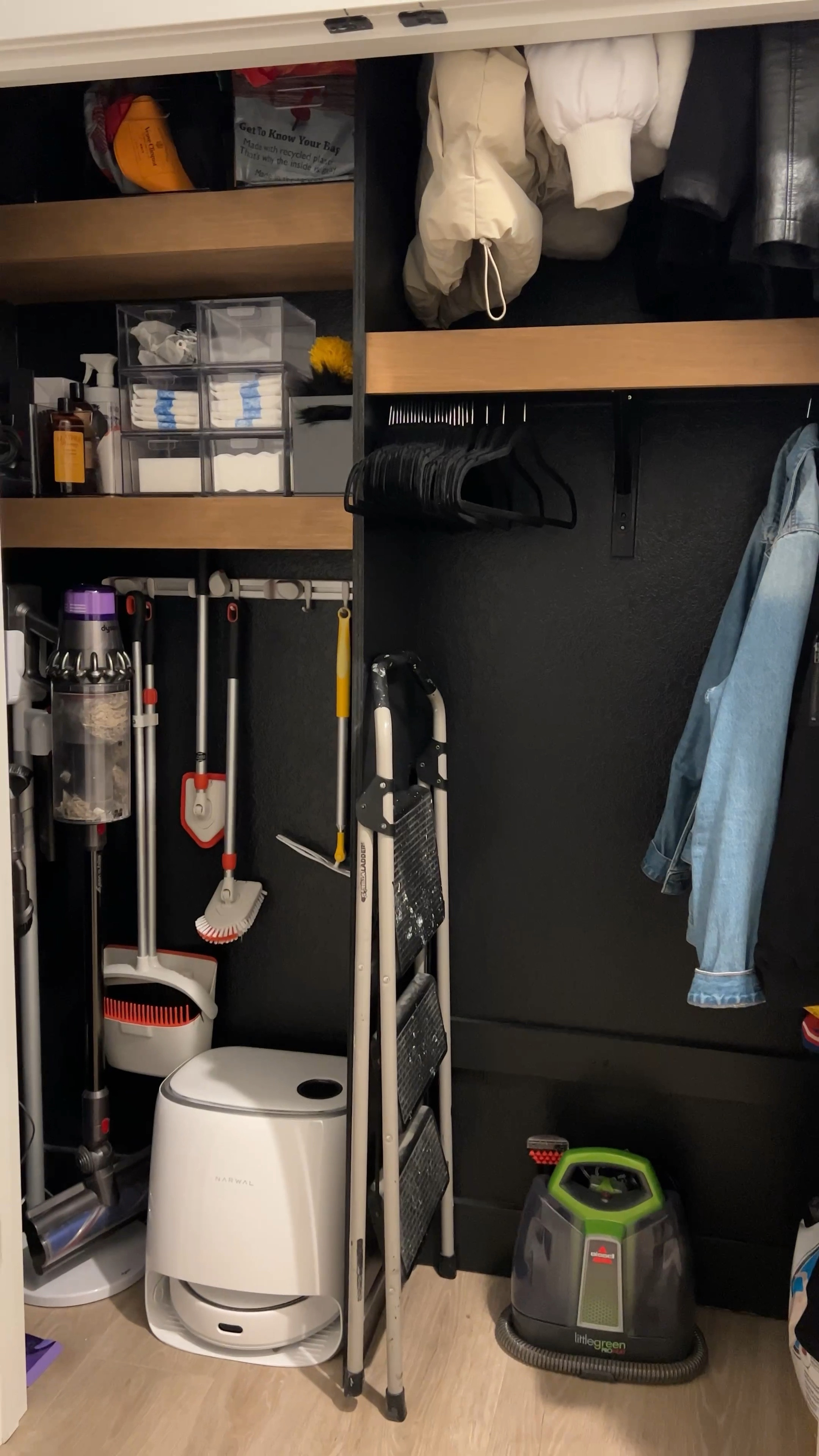 Major coat closet upgrade with tons or storage and organization! New paint, floating shelves, cleaning supplies, robot vacuum/mop, Dyson stick vacuum, and double hanging rack made this closet sooo much better!

#LTKhome