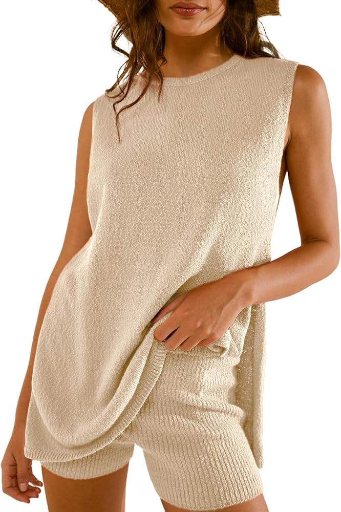 Glamaker Women's 2 Piece Shorts Sets Summer Sweater Ribbed Knit Tunic Top Matching Set Beach Vaca... | Amazon (US)