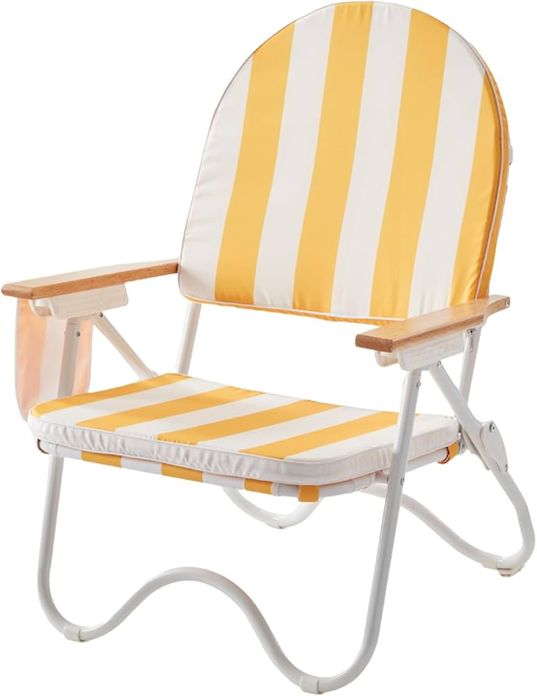 Padded Low Beach Chair, 4-Position Folding Outdoor Chair with Wooden Armrests, Cushioned Seat, St... | Amazon (US)