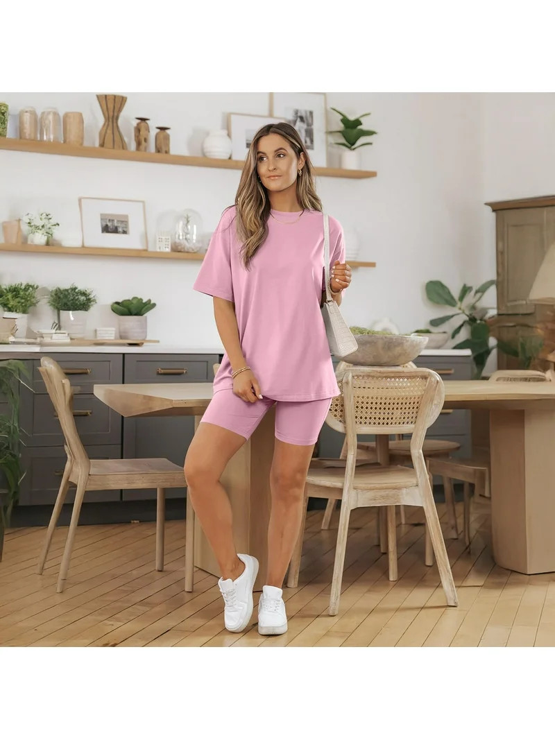 SUNBS 2 Piece Outfit for Women Lounge Sets Oversized Tshirts Matching Biker Short Summer Clothing... | Walmart (US)