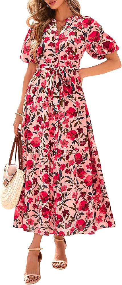 BTFBM Summer Dresses for Women 2026 Boho Short Sleeve V Neck Button Belt Flowy Spring Clothes Bea... | Amazon (US)