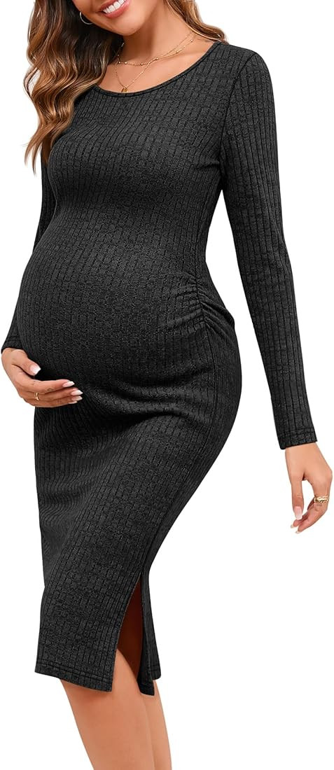 Ficerd Women's Ribbed Knit Maternity Dresses Long Sleeve Pregnancy Bodycon Dress 2025 Split Stret... | Amazon (US)